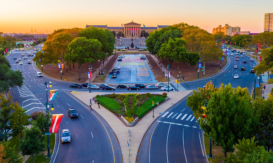 A view down Benjamin Franklin Parkway to the Philadelphia Museum of Art - shot from the air