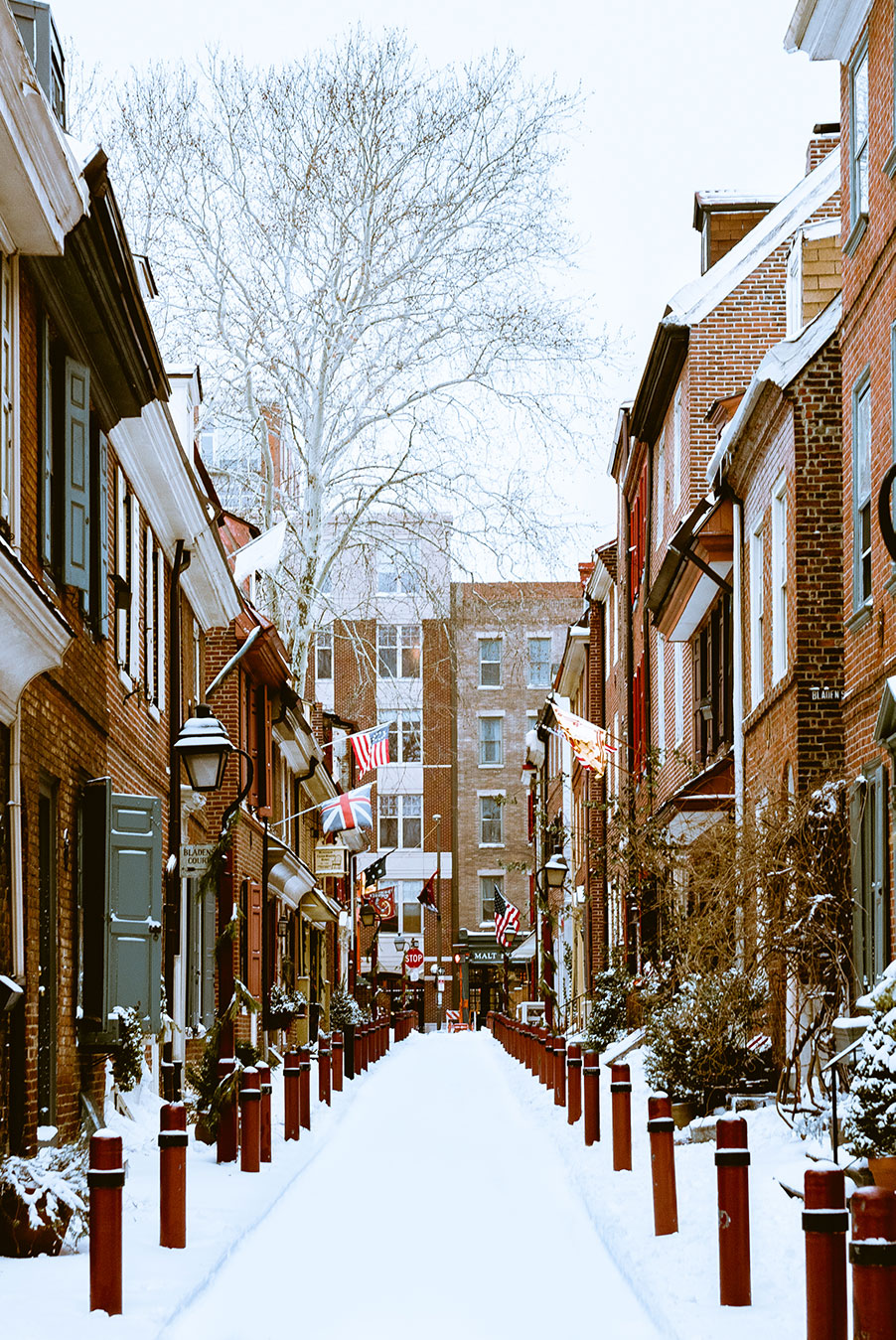 Snow on the ground along Elfreth's Alley - with homes dating back to the 18th-century